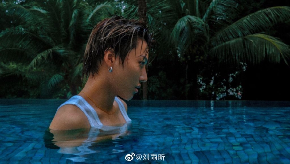 刘雨昕晒出一组度假照 湿发造型在泳池中摆着各种pose
