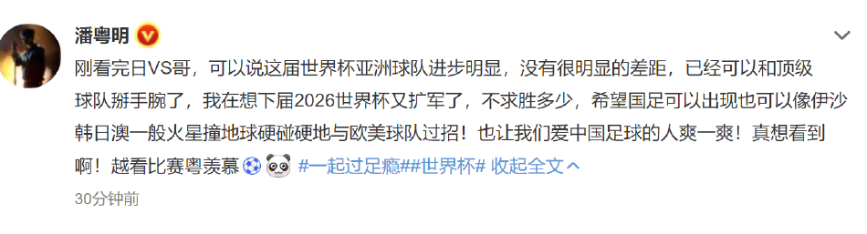 潘粤明看世界杯称亚洲球队进步大 希望国足与欧美球队过招