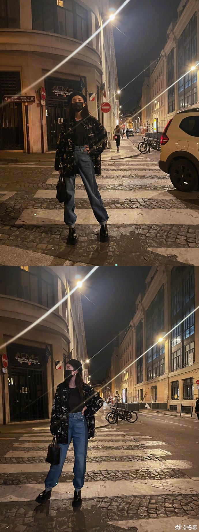 杨幂微博分享plog 漫步巴黎街头轻松随意短裙时尚
