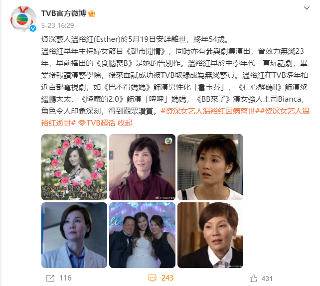 前TVB演员温裕红因病离世 终年54岁